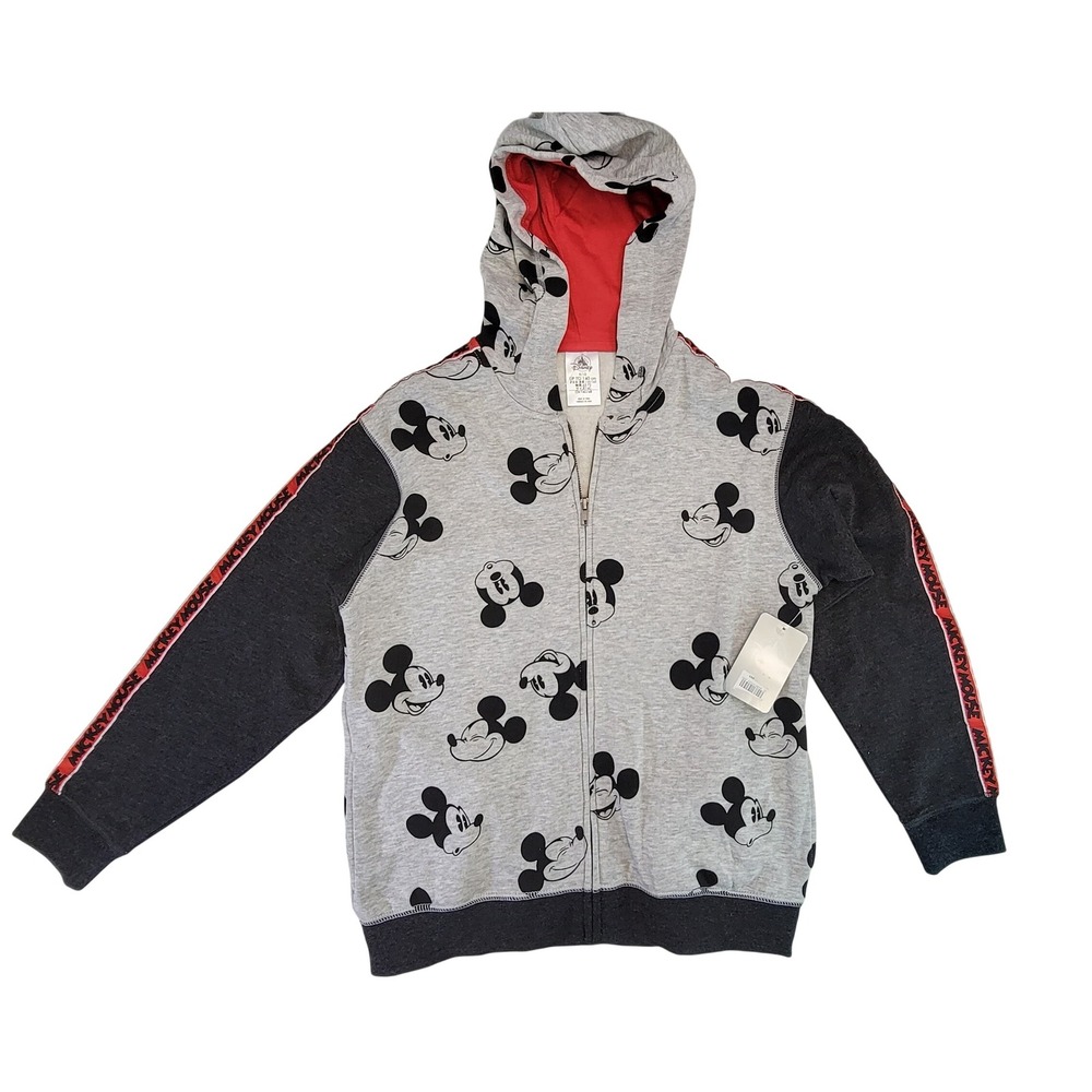 Disney Mickey Mouse Zip Up Hoodie Gray Red Trim Kids Size 9‎ 10 Boys Girls